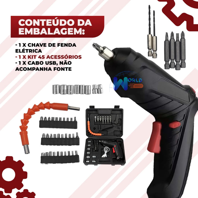 Kit Parafusadeira/Furadeira 48 Pçs À Bateria Carregador Usb